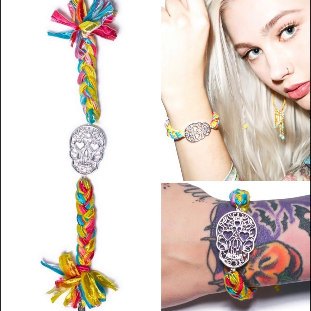 Two DollsKill Ettika Vintage Skull Ribbon Braided Bracelets with Gold Clasps